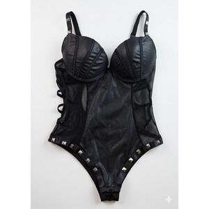 Edgy Studded Faux Leather Mesh Bodysuit Festival Studded Bodice Caged Punk Goth